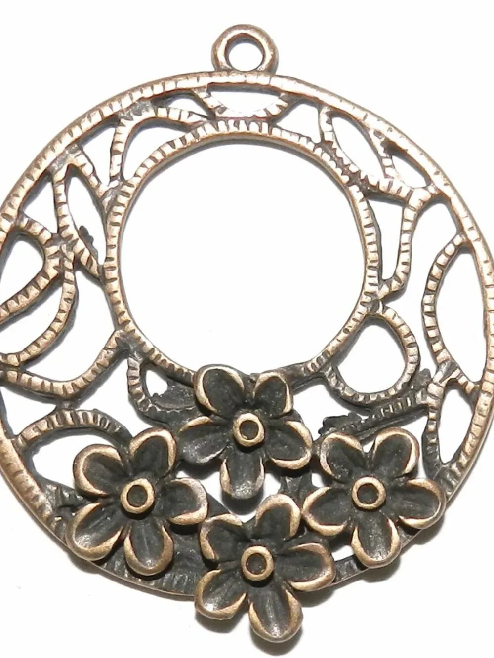 Antiqued Copper 35mm Open Round with Flowers Metal Alloy Drop Pendant 4pc M367